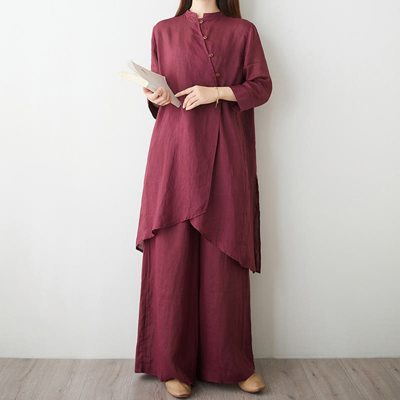 Conjunto de 2 piezas de camisa y pantalón de manga tres cuartos con Buddha Stones para meditación, zen, tai chi, algodón y lino para mujer