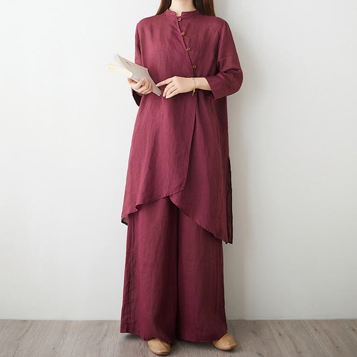 Conjunto de 2 piezas de camisa y pantalón de manga tres cuartos con Buddha Stones para meditación, zen, tai chi, algodón y lino para mujer
