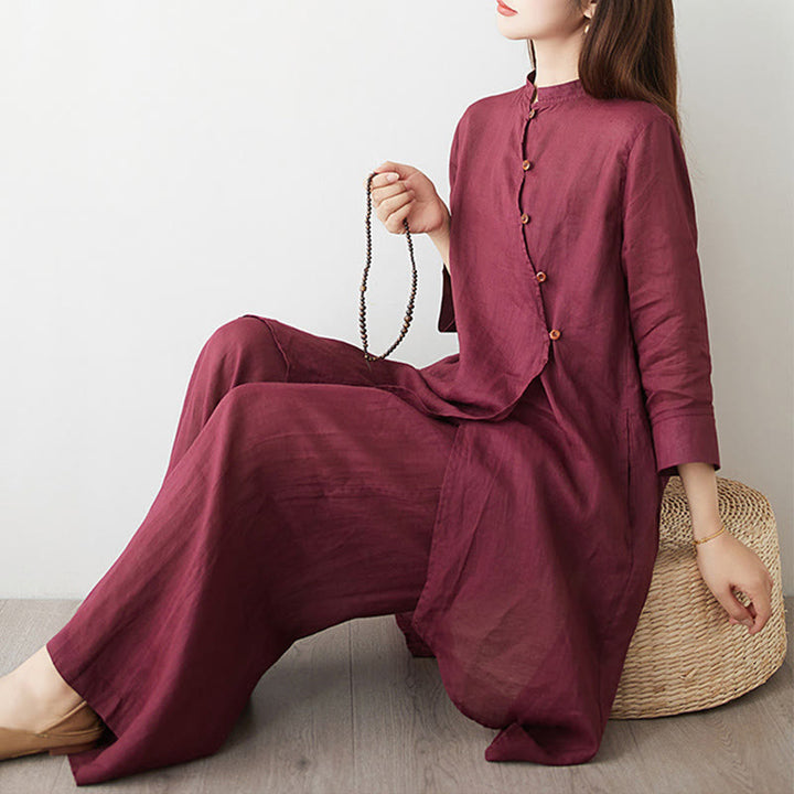 Conjunto de 2 piezas de camisa y pantalón de manga tres cuartos con Buddha Stones para meditación, zen, tai chi, algodón y lino para mujer