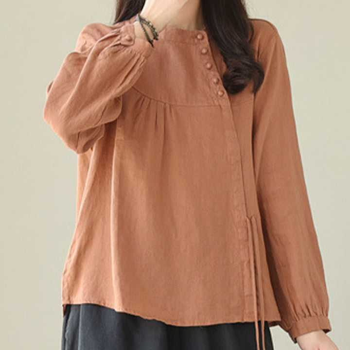 Camisa informal de lino y algodón de manga larga con cuello alto y color liso para mujer con estampado de Buddha Stones - image 5