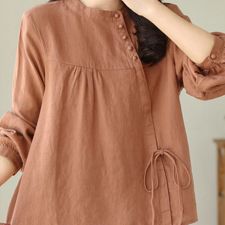 Camisa de mujer de manga larga con cuello alto, color liso, estilo casual de otoño, con estampado de Buddha Stones. - image 3