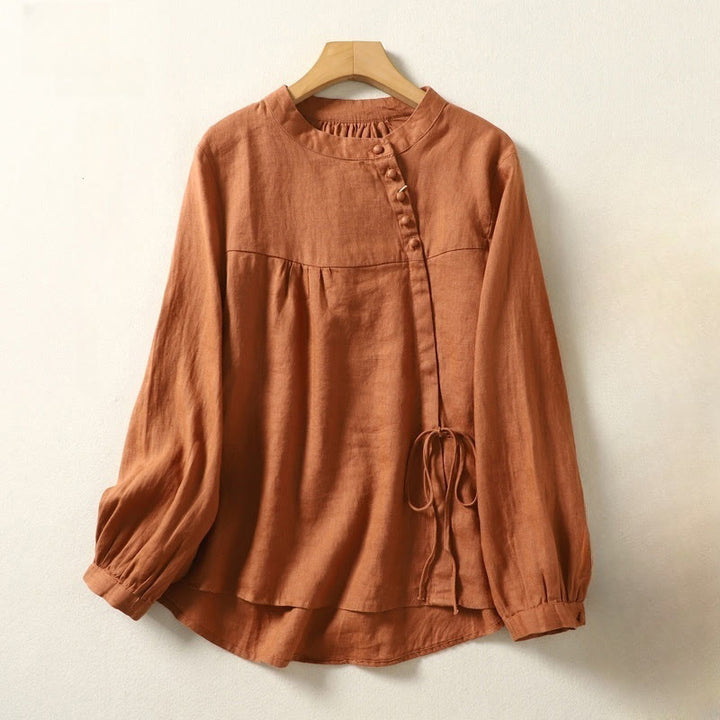 Camisa de mujer de manga larga con cuello alto, color liso, estilo casual de otoño, con estampado de Buddha Stones. - image 1
