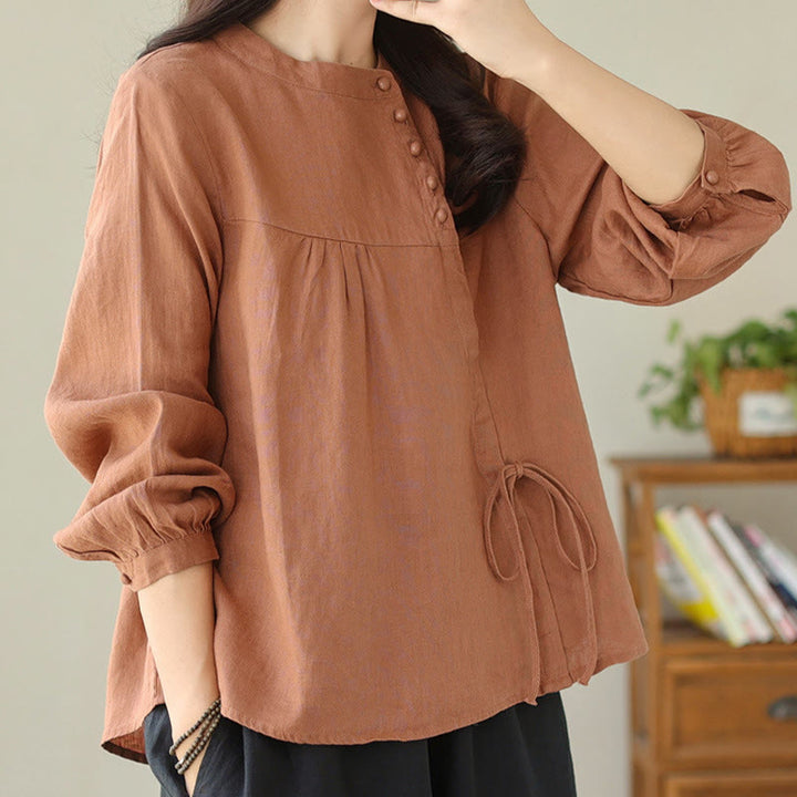 Camisa de mujer de manga larga con cuello alto, color liso, estilo casual de otoño, con estampado de Buddha Stones. - image 6
