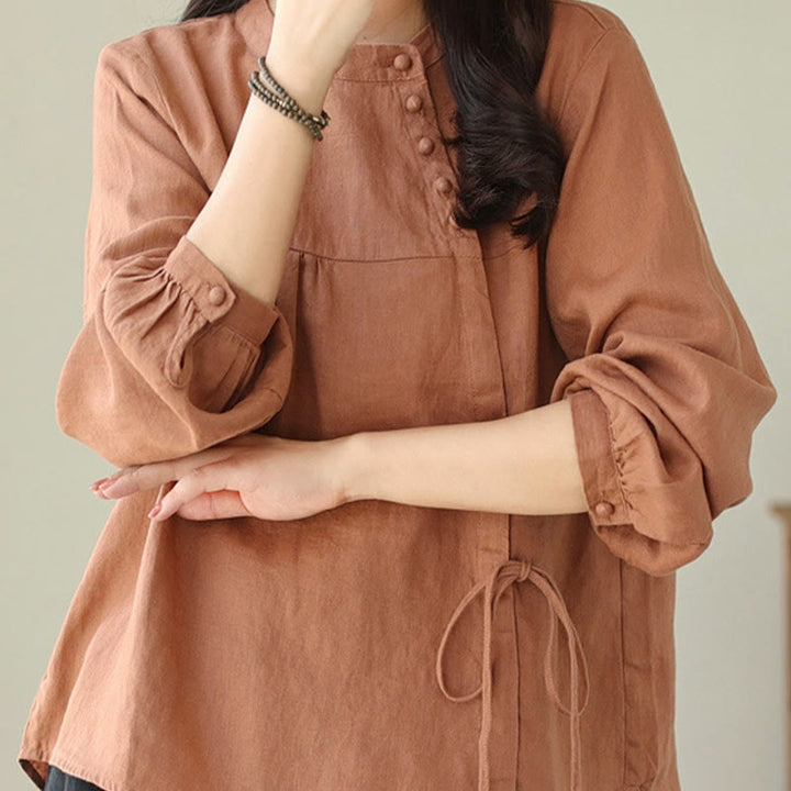 Camisa informal de lino y algodón de manga larga con cuello alto y color liso para mujer con estampado de Buddha Stones - image 2