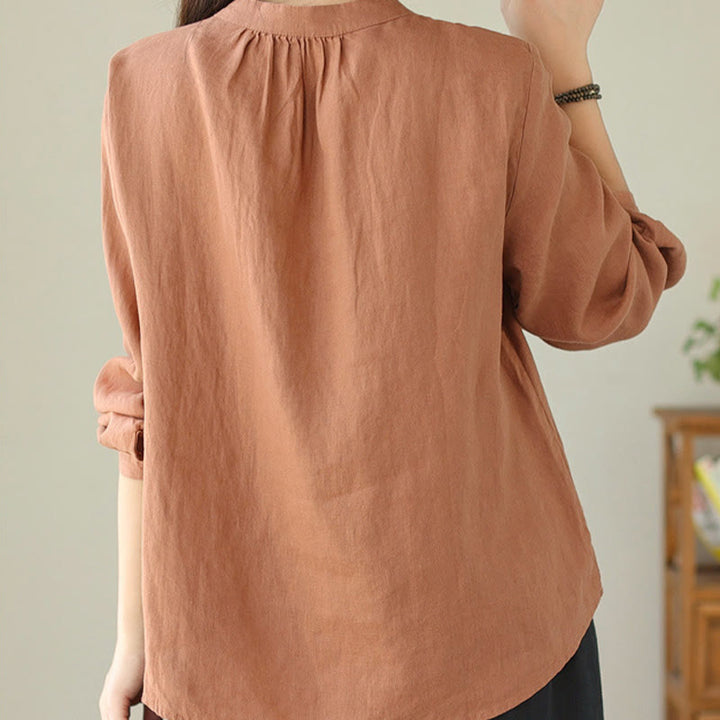 Camisa de mujer de manga larga con cuello alto, color liso, estilo casual de otoño, con estampado de Buddha Stones. - image 4