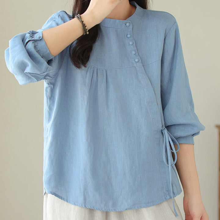 Camisa de mujer de manga larga con cuello alto, color liso, estilo casual de otoño, con estampado de Buddha Stones. - image 11