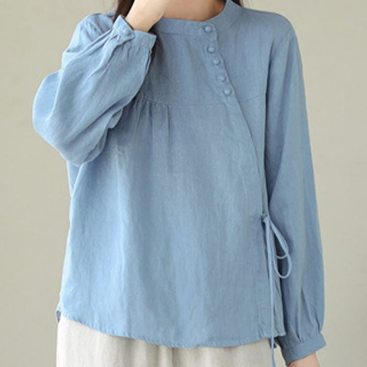 Camisa de mujer de manga larga con cuello alto, color liso, estilo casual de otoño, con estampado de Buddha Stones. - image 9
