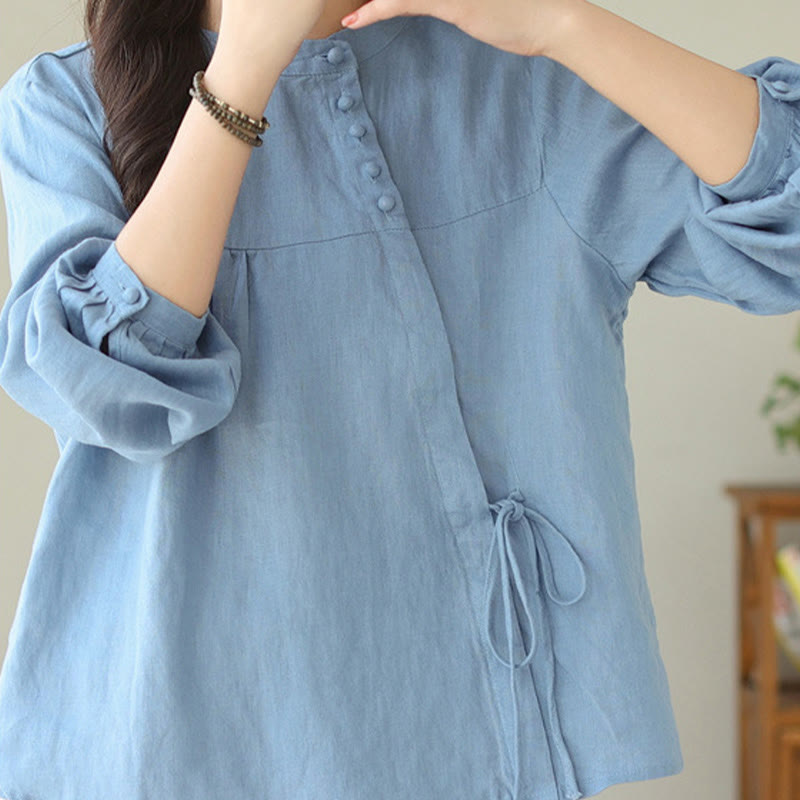 Camisa de mujer de manga larga con cuello alto, color liso, estilo casual de otoño, con estampado de Buddha Stones. - Azul cielo claro - US8-10，UK/AU12-14，EU40-42 (2XL) - image 7