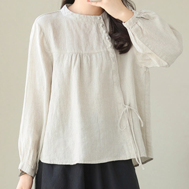 Camisa informal de lino y algodón de manga larga con cuello alto y color liso para mujer con estampado de Buddha Stones - Lino - US8-10，UK/AU12-14，EU40-42 (2XL) - image 14