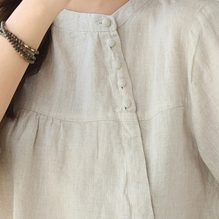 Camisa informal de lino y algodón de manga larga con cuello alto y color liso para mujer con estampado de Buddha Stones - image 20