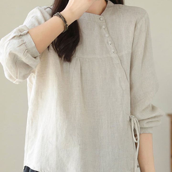 Camisa de mujer de manga larga con cuello alto, color liso, estilo casual de otoño, con estampado de Buddha Stones. - image 17