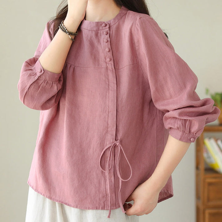 Camisa de mujer de manga larga con cuello alto, color liso, estilo casual de otoño, con estampado de Buddha Stones. - image 26