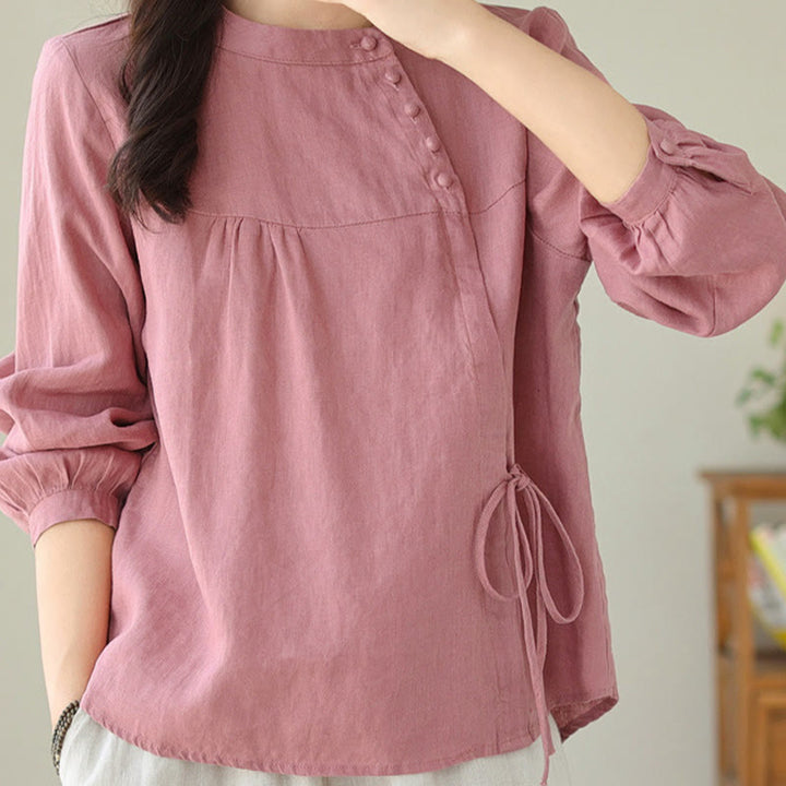 Camisa de mujer de manga larga con cuello alto, color liso, estilo casual de otoño, con estampado de Buddha Stones. - image 27