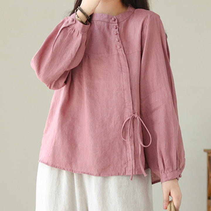 Camisa de mujer de manga larga con cuello alto, color liso, estilo casual de otoño, con estampado de Buddha Stones. - image 25