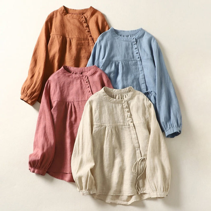 Camisa de mujer de manga larga con cuello alto, color liso, estilo casual de otoño, con estampado de Buddha Stones. - image 28