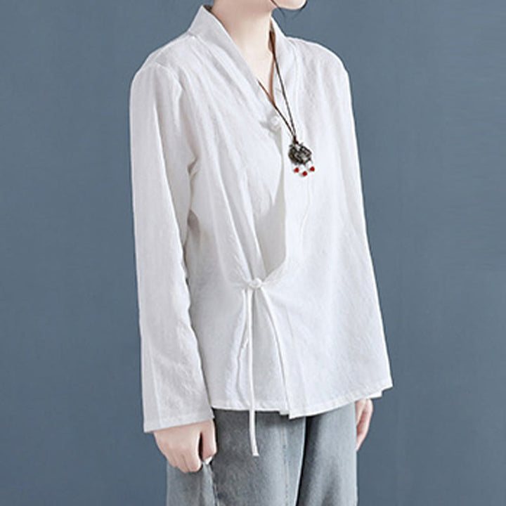 Camisa informal de lino y algodón zen de manga larga con botones de rana en color liso y Buddha Stones para mujer - image 2