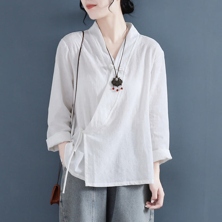 Camisa informal de lino y algodón zen de manga larga con botones de rana en color liso y Buddha Stones para mujer - Blanco - US8-10，UK/AU12-14，EU40-42 (2XL) - image 0