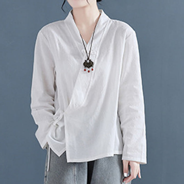 Camisa informal de lino y algodón zen de manga larga con botones de rana en color liso y Buddha Stones para mujer - image 1
