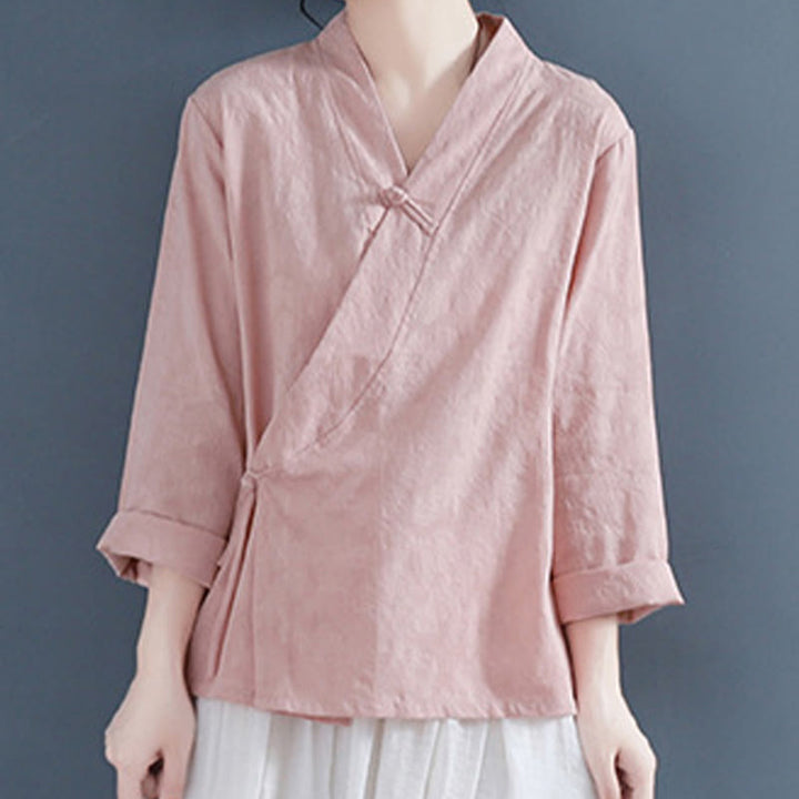 Camisa informal de lino y algodón zen de manga larga con botones de rana en color liso y Buddha Stones para mujer - image 6