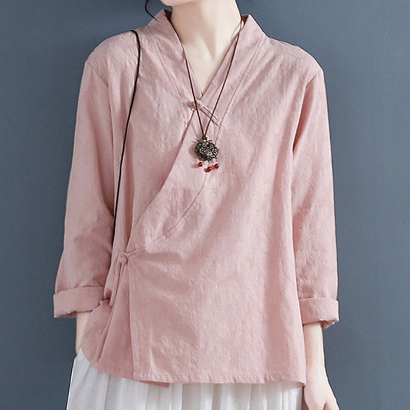 Camisa informal de lino y algodón zen de manga larga con botones de rana en color liso y Buddha Stones para mujer - Rosa - US8-10，UK/AU12-14，EU40-42 (2XL) - image 4