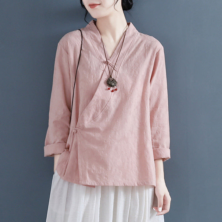 Camisa informal de lino y algodón zen de manga larga con botones de rana en color liso y Buddha Stones para mujer - image 7