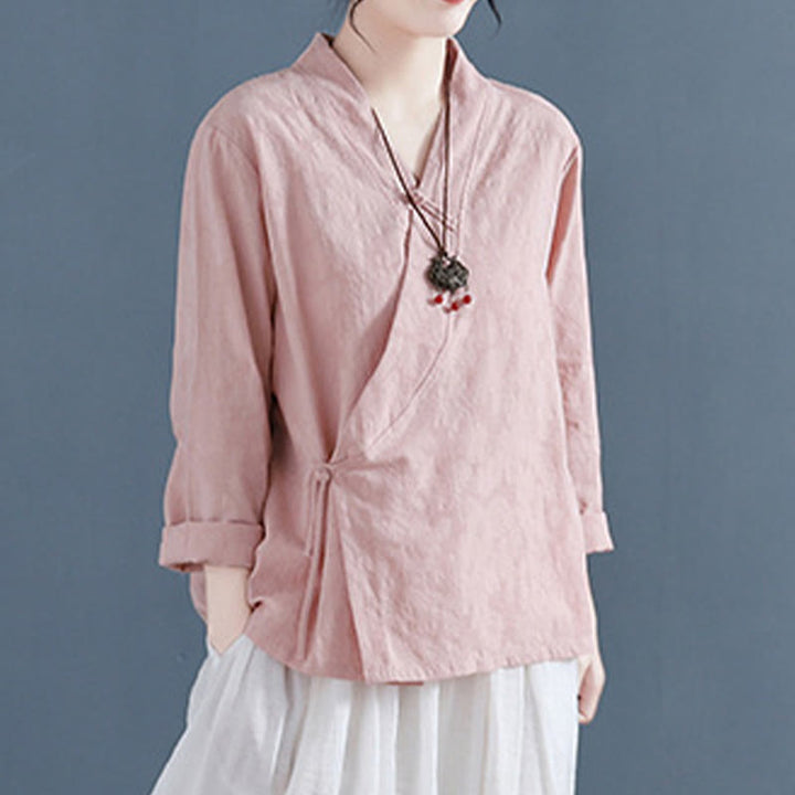 Camisa informal de lino y algodón zen de manga larga con botones de rana en color liso y Buddha Stones para mujer - image 5
