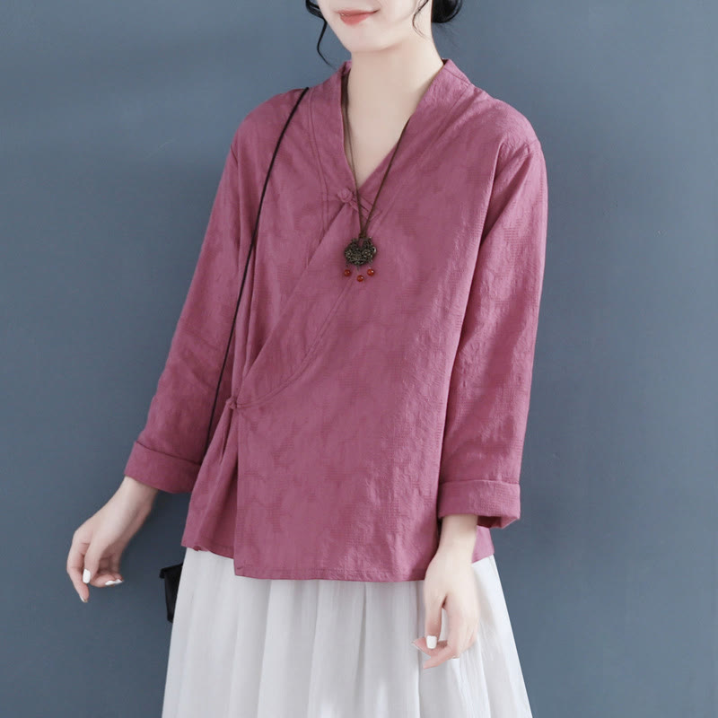 Camisa informal de lino y algodón zen de manga larga con botones de rana en color liso y Buddha Stones para mujer - image 9