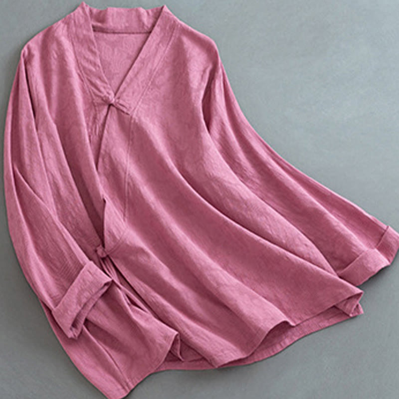 Camisa informal de lino y algodón zen de manga larga con botones de rana en color liso y Buddha Stones para mujer - image 10