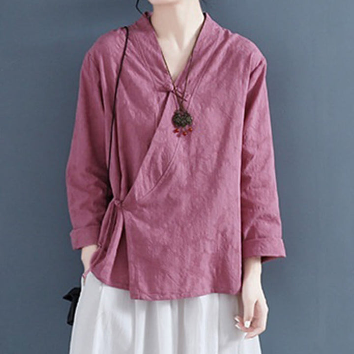 Camisa informal de lino y algodón zen de manga larga con botones de rana en color liso y Buddha Stones para mujer - Rojo violeta pálido - US8-10，UK/AU12-14，EU40-42 (2XL) - image 8
