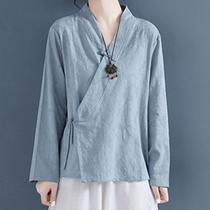 Camisa informal de lino y algodón zen de manga larga con botones de rana en color liso y Buddha Stones para mujer - Azul cielo claro - US8-10，UK/AU12-14，EU40-42 (2XL) - image 19