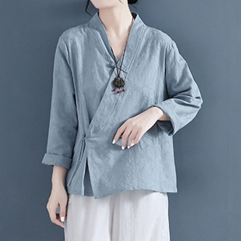 Camisa informal de lino y algodón zen de manga larga con botones de rana en color liso y Buddha Stones para mujer - image 20