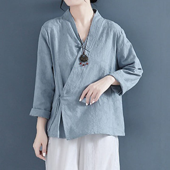 Camisa informal de lino y algodón zen de manga larga con botones de rana en color liso y Buddha Stones para mujer - image 20