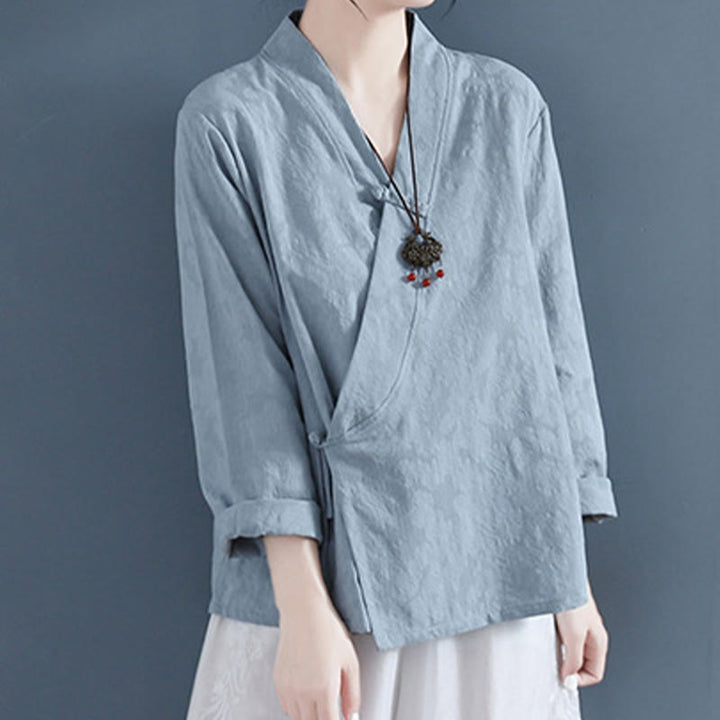 Camisa informal de lino y algodón zen de manga larga con botones de rana en color liso y Buddha Stones para mujer - image 21