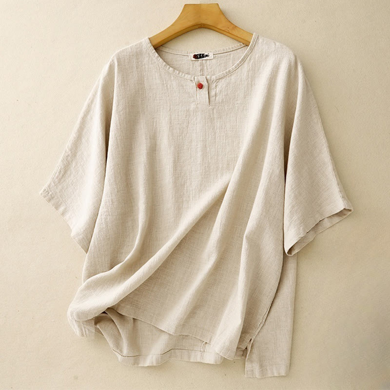 Camiseta informal de manga corta con cuello redondo y diseño holgado para mujer con estampado de Buddha Stones. - Lino - US12, UK/AU16, EU44 (2XL) - image 0