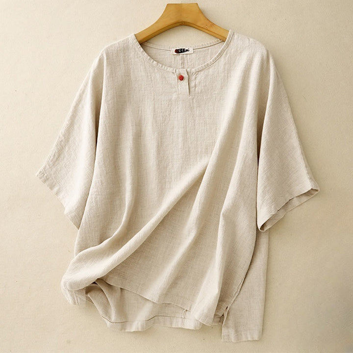 Camiseta informal de manga corta con cuello redondo y diseño holgado para mujer con estampado de Buddha Stones. - Lino - US12, UK/AU16, EU44 (2XL) - image 0