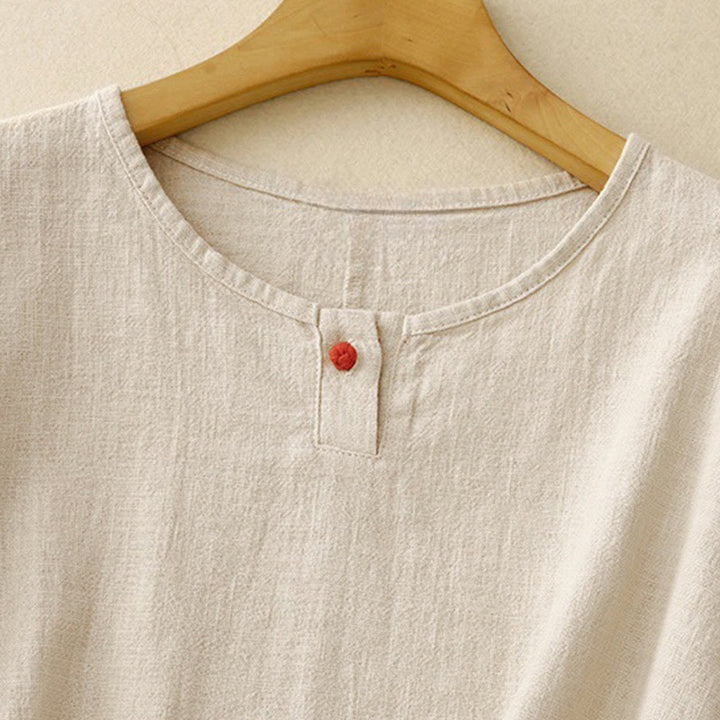 Camiseta informal de lino y algodón con cuello redondo y manga corta para mujer, con estampado de Buddha Stones