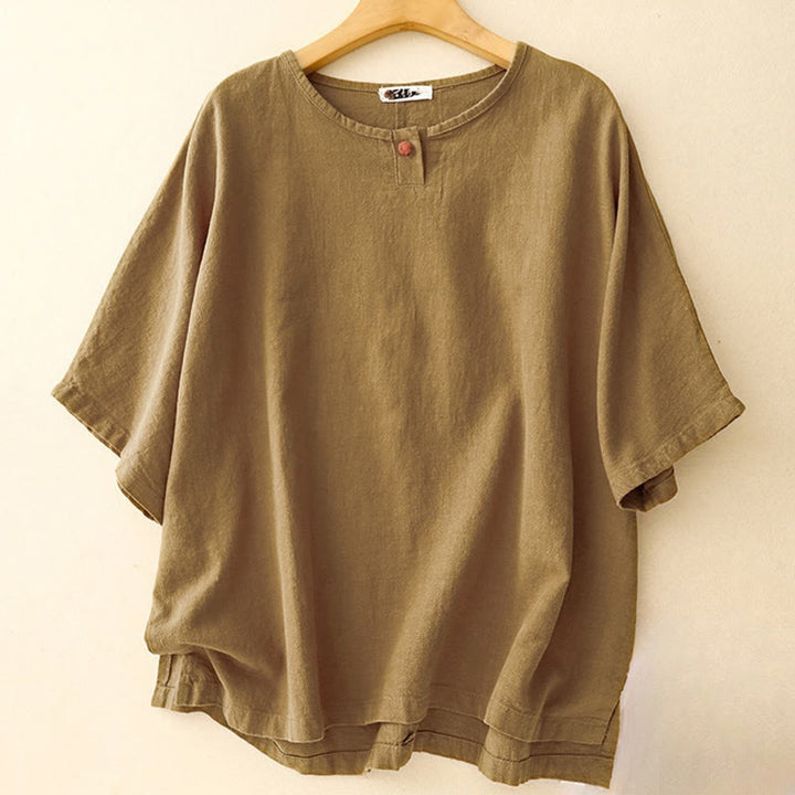 Camiseta informal de lino y algodón con cuello redondo y manga corta para mujer, con estampado de Buddha Stones