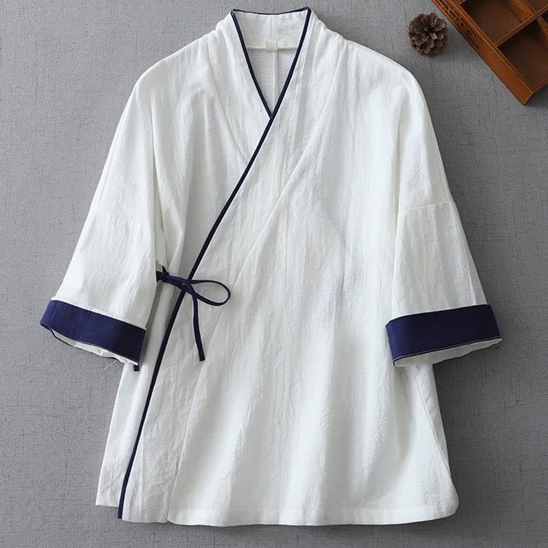 Camisa de lino y algodón zen para mujer, informal, con cuello en V, manga tres cuartos y costuras de colores, con Buddha Stones - Blanco - US8-10，UK/AU12-14，EU40-42 (2XL) - image 5