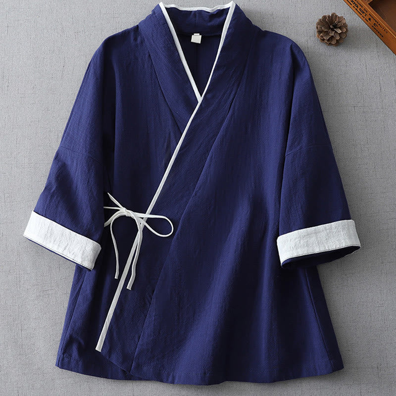 Camisa de lino y algodón zen para mujer, informal, con cuello en V, manga tres cuartos y costuras de colores, con Buddha Stones - Marina de guerra - US8-10，UK/AU12-14，EU40-42 (2XL) - image 0