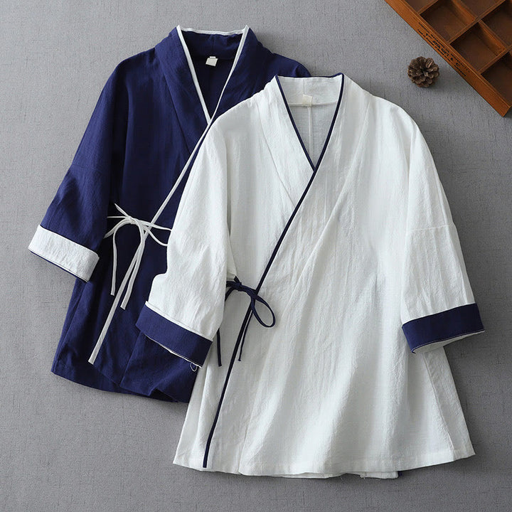 Camisa de lino y algodón zen para mujer, informal, con cuello en V, manga tres cuartos y costuras de colores, con Buddha Stones - image 11