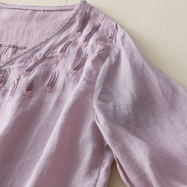 Camisa informal de lino y algodón para mujer con cuello en V, media manga y bordado de estrellas fugaces de Buddha Stones - image 8