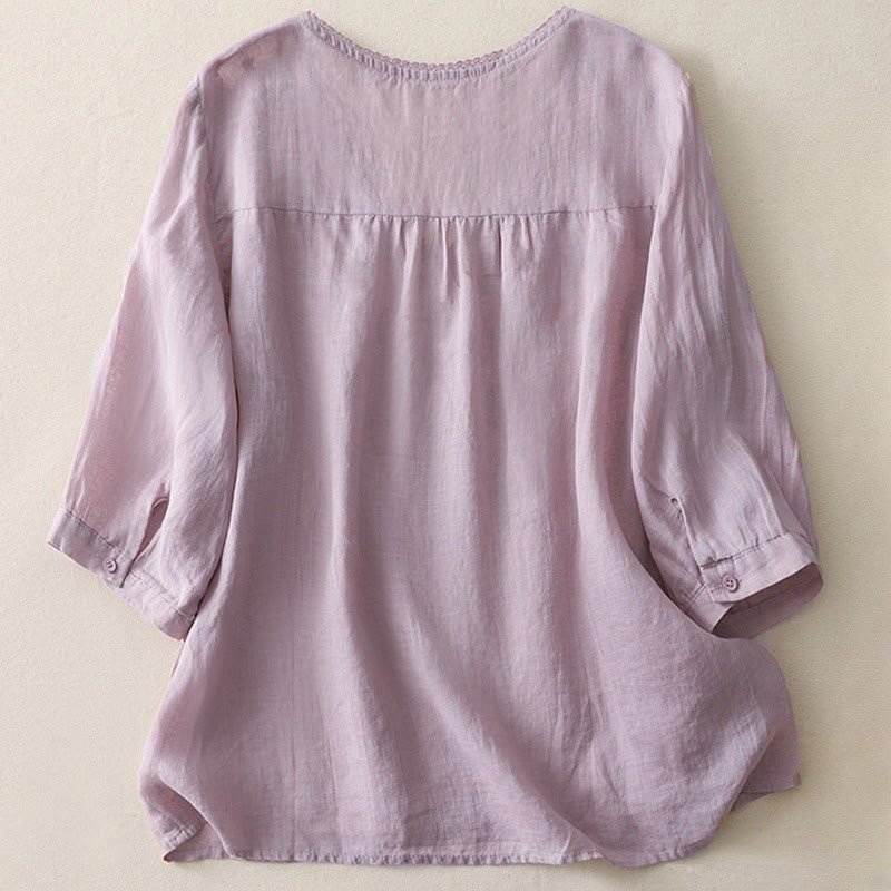 Camisa informal de lino y algodón para mujer con cuello en V, media manga y bordado de estrellas fugaces de Buddha Stones - image 2