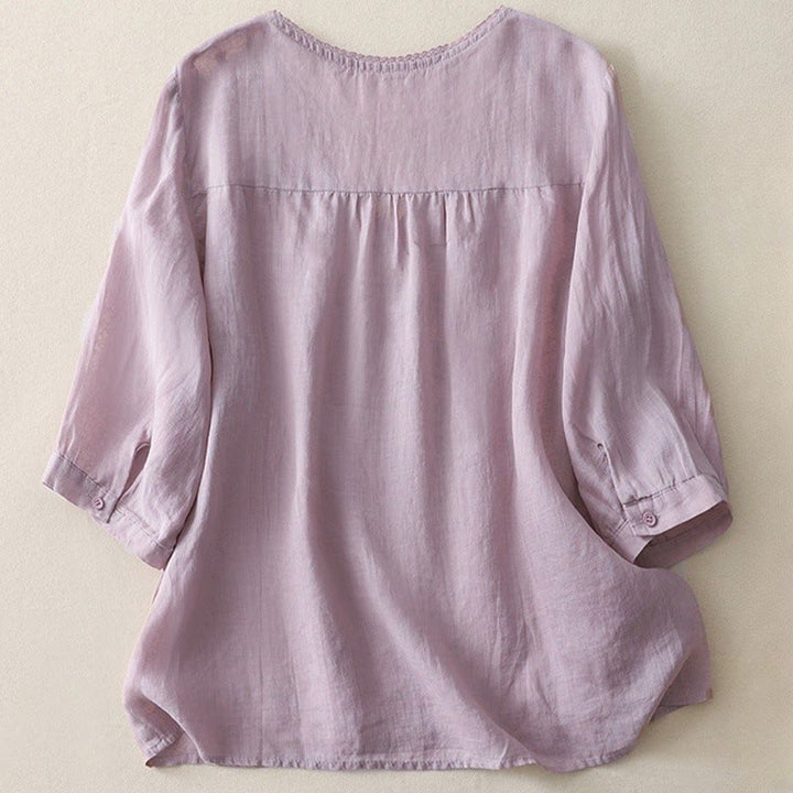 Camisa informal de lino y algodón para mujer con cuello en V, media manga y bordado de estrellas fugaces de Buddha Stones - image 2