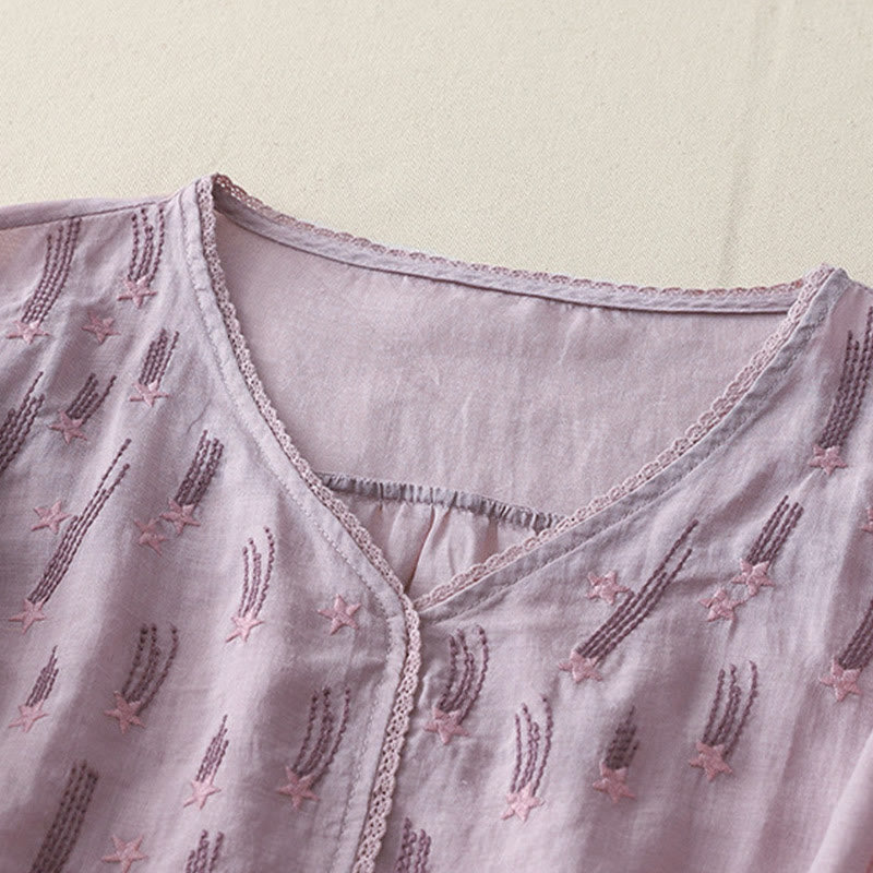 Camisa informal de lino y algodón para mujer con cuello en V, media manga y bordado de estrellas fugaces de Buddha Stones - image 1