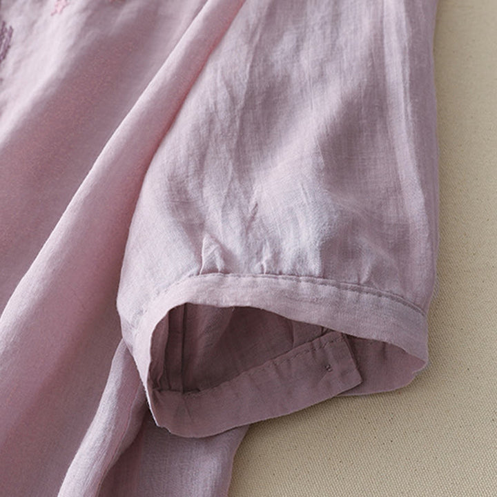 Camisa informal de lino y algodón para mujer con cuello en V, media manga y bordado de estrellas fugaces de Buddha Stones - image 3