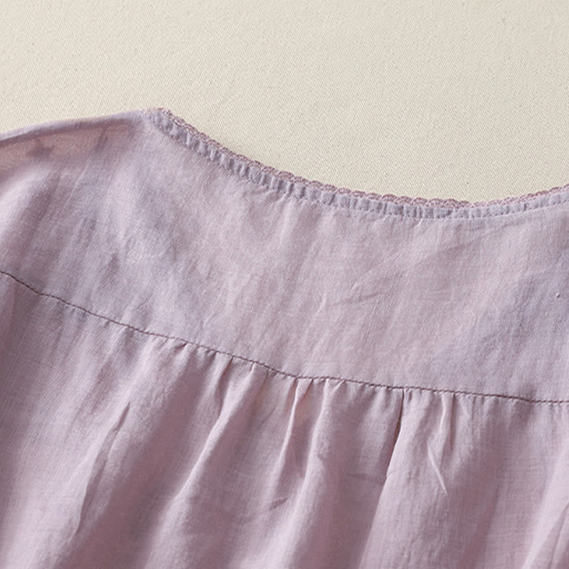 Camisa informal de lino y algodón para mujer con cuello en V, media manga y bordado de estrellas fugaces de Buddha Stones - image 4