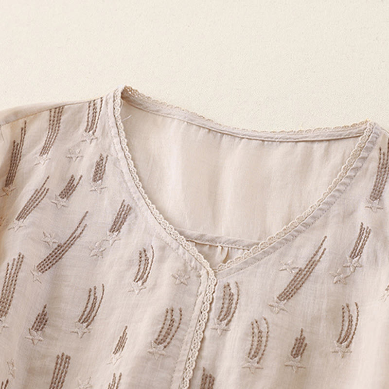 Camisa informal de lino y algodón para mujer con cuello en V, media manga y bordado de estrellas fugaces de Buddha Stones - image 18