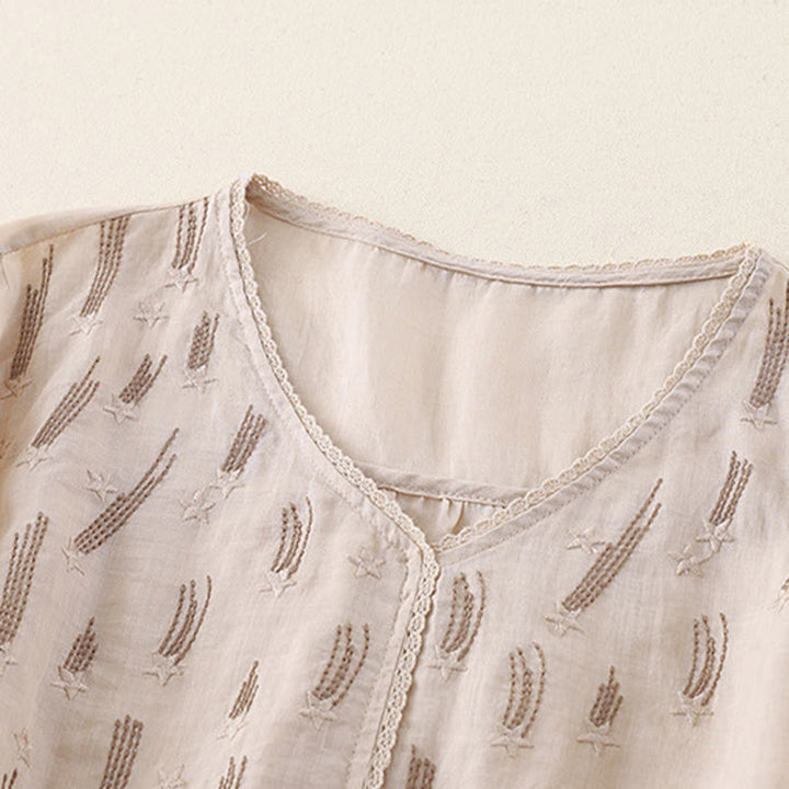 Camisa informal de lino y algodón para mujer con cuello en V, media manga y bordado de estrellas fugaces de Buddha Stones - image 18