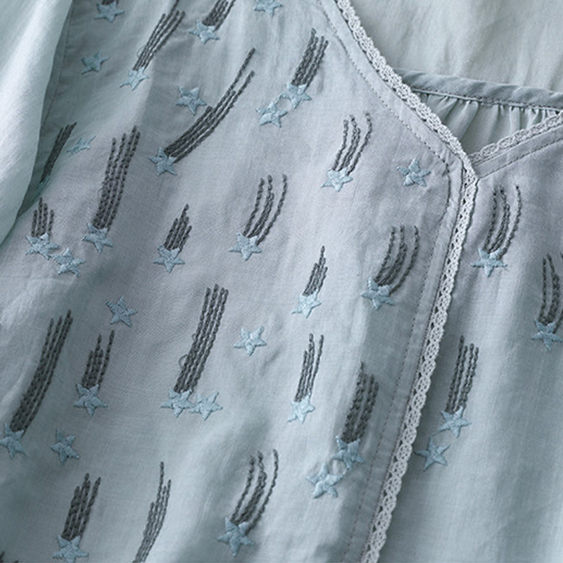 Camisa informal de lino y algodón para mujer con cuello en V, media manga y bordado de estrellas fugaces de Buddha Stones - image 21