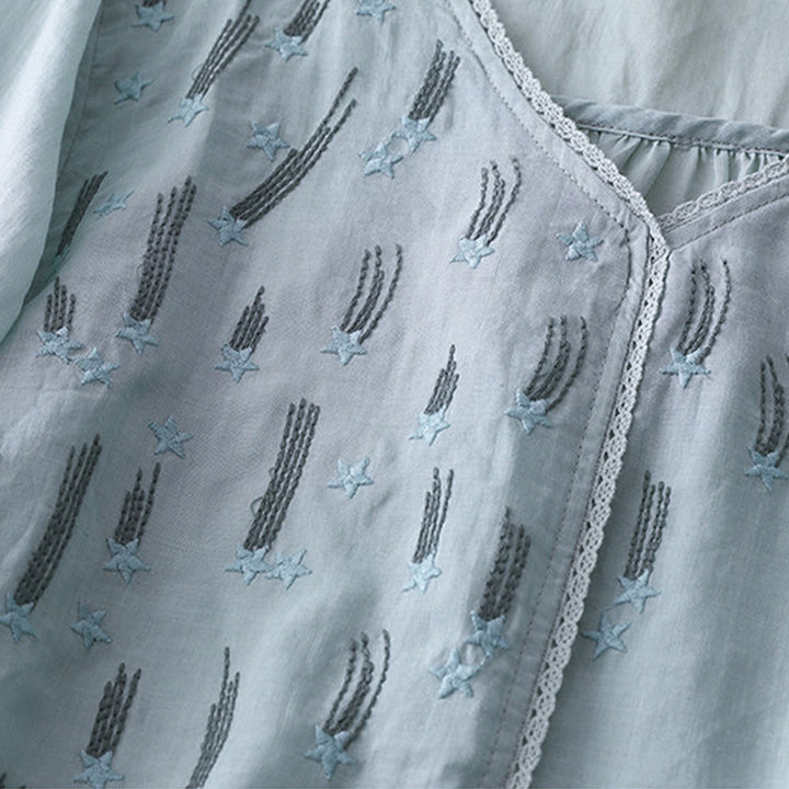 Camisa informal de lino y algodón para mujer con cuello en V, media manga y bordado de estrellas fugaces de Buddha Stones - image 21
